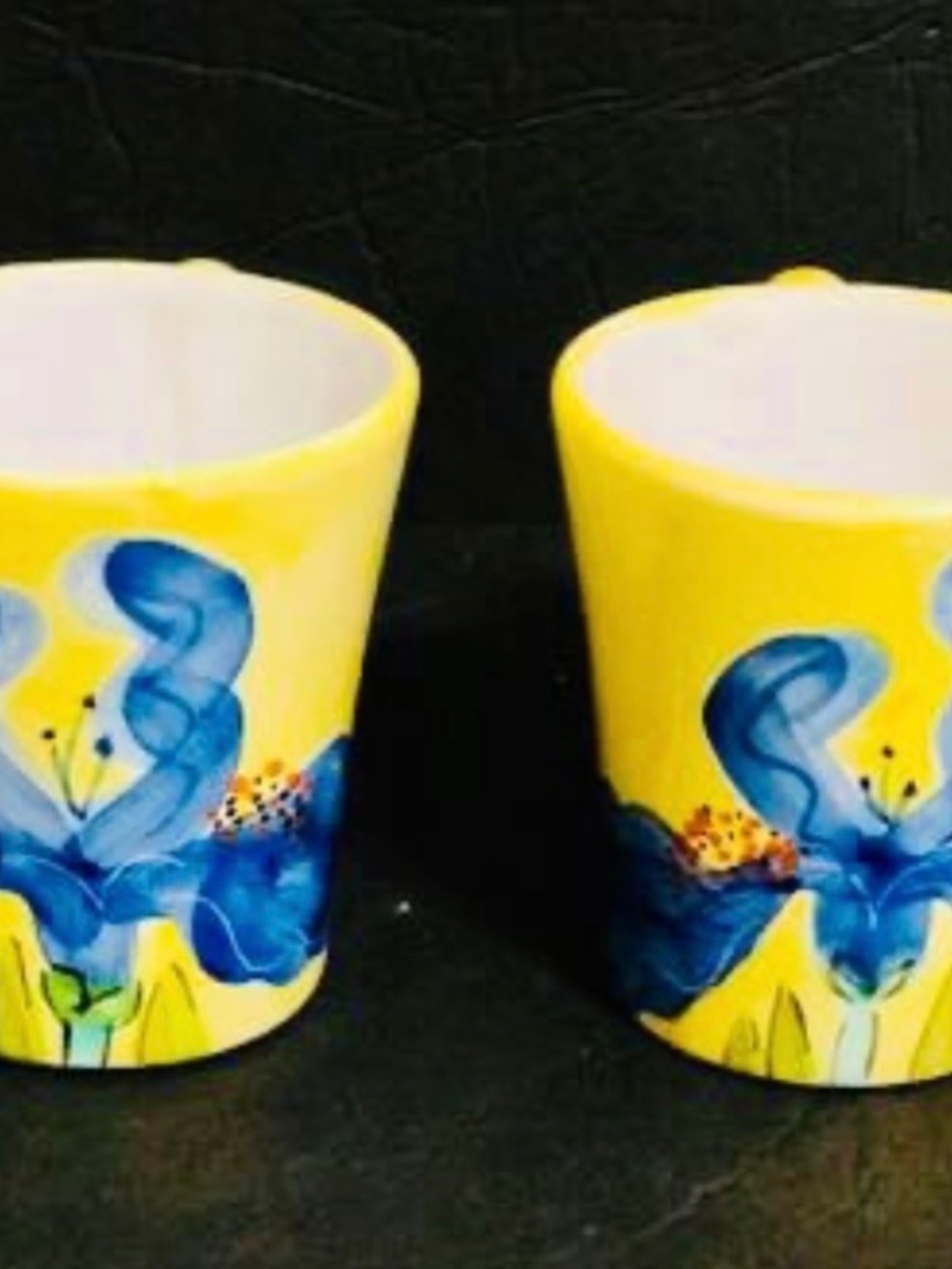 Two Vintage Yellow Terracotta Coffee Mugs with Hand Painted Purple Blue Iris.